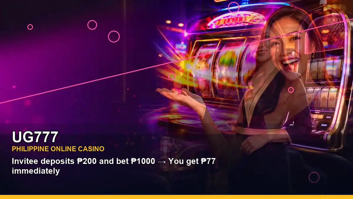 UG777 online slot games presented with an adult Filipina casino host in a wide-action composition